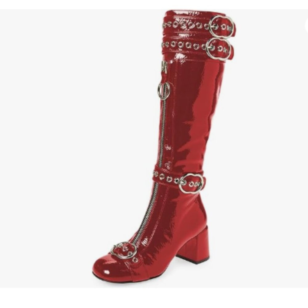 YDN Red Sexy Knee High Boots Round Toe Buckle Strap Block Mid Heels Zippers Shoe